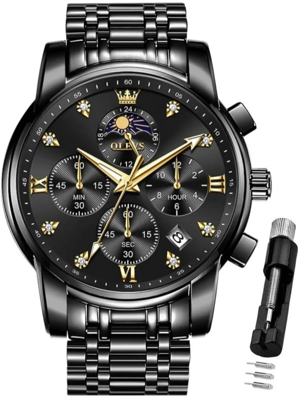 Men's Black Diamond Analog Quartz Stainless Waterproof Luminous Classic Watch